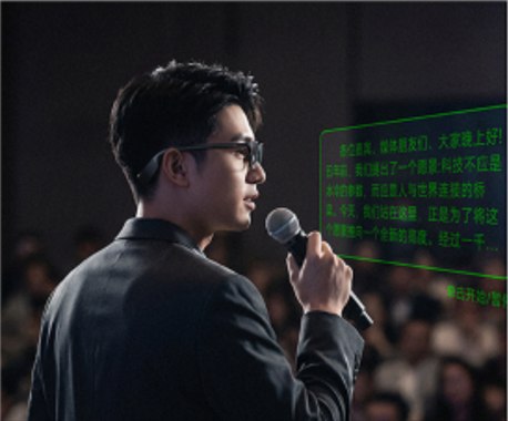 Concept translated text displayed beside a speaker wearing C100