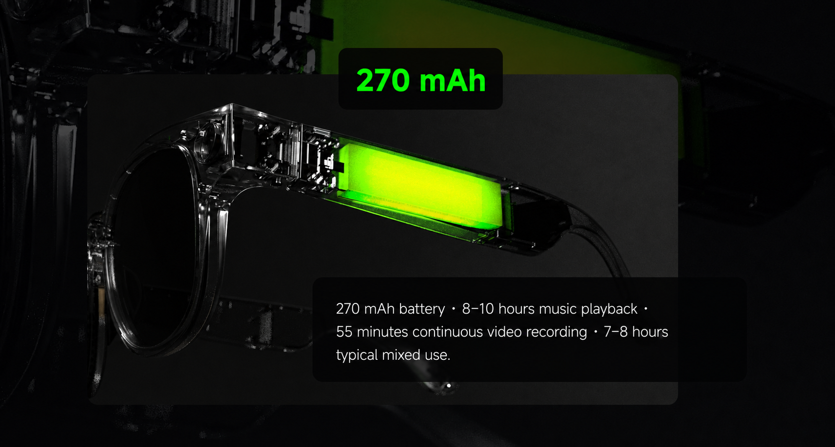 Transparent K900 temple showing the 270 milliamp-hour battery