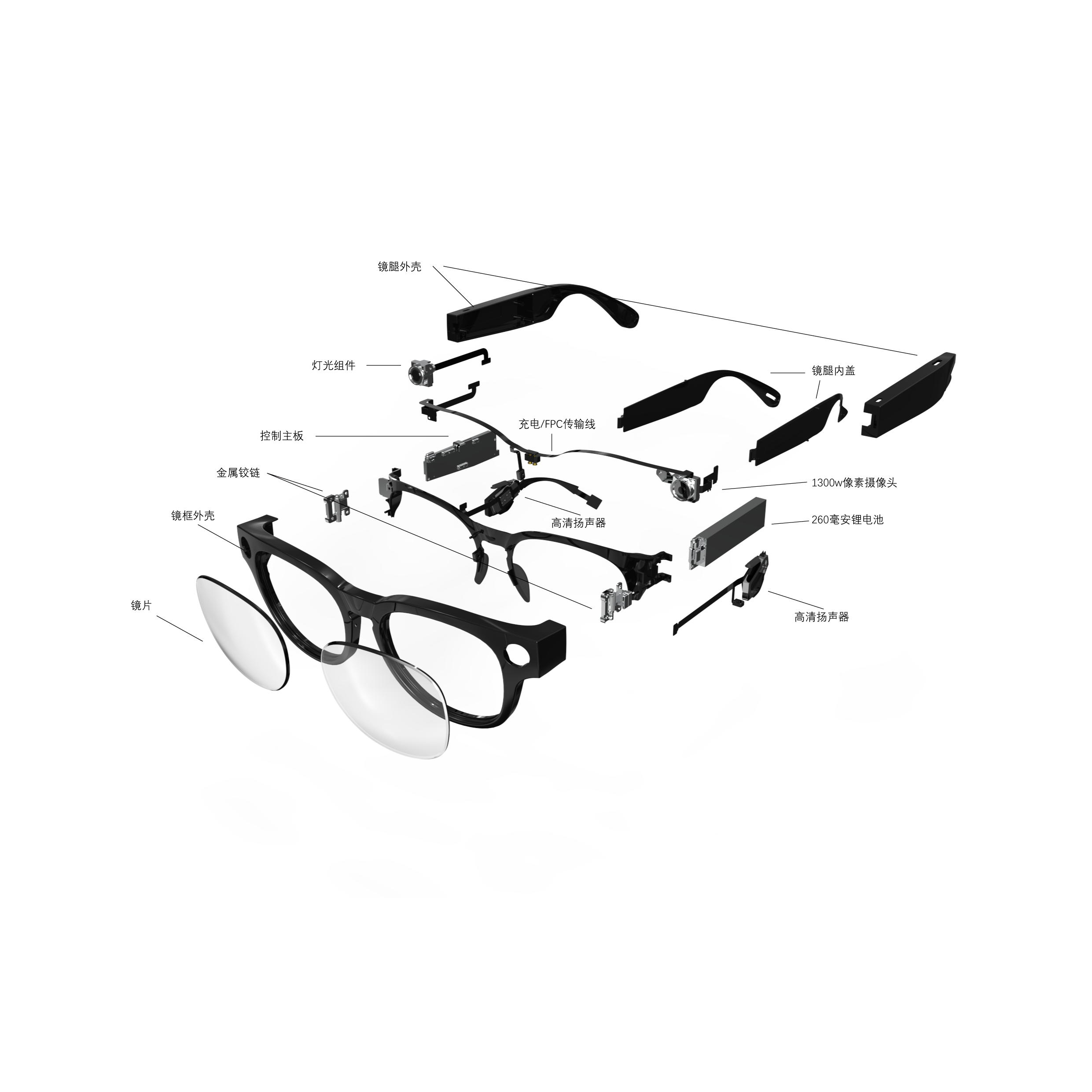Exploded view of the K900 glasses showing the lenses, frame housing, metal hinges, control motherboard, camera, battery, speakers and temple components