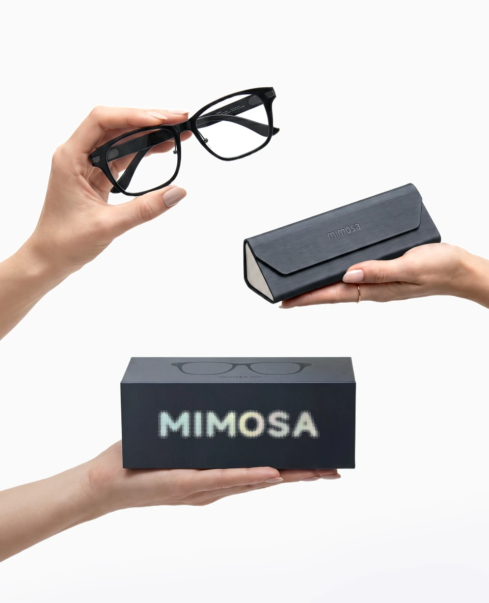 AR99 glasses with the Mimosa folding case and retail packaging