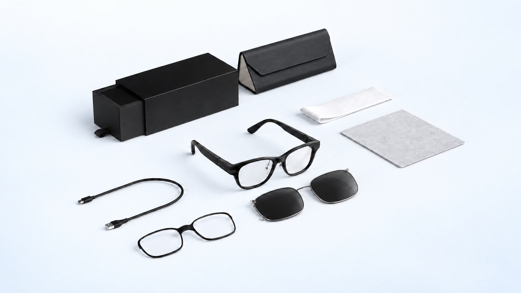 AR99 platform packaging reference with glasses, lens inserts, shades, box, case, cable and care items