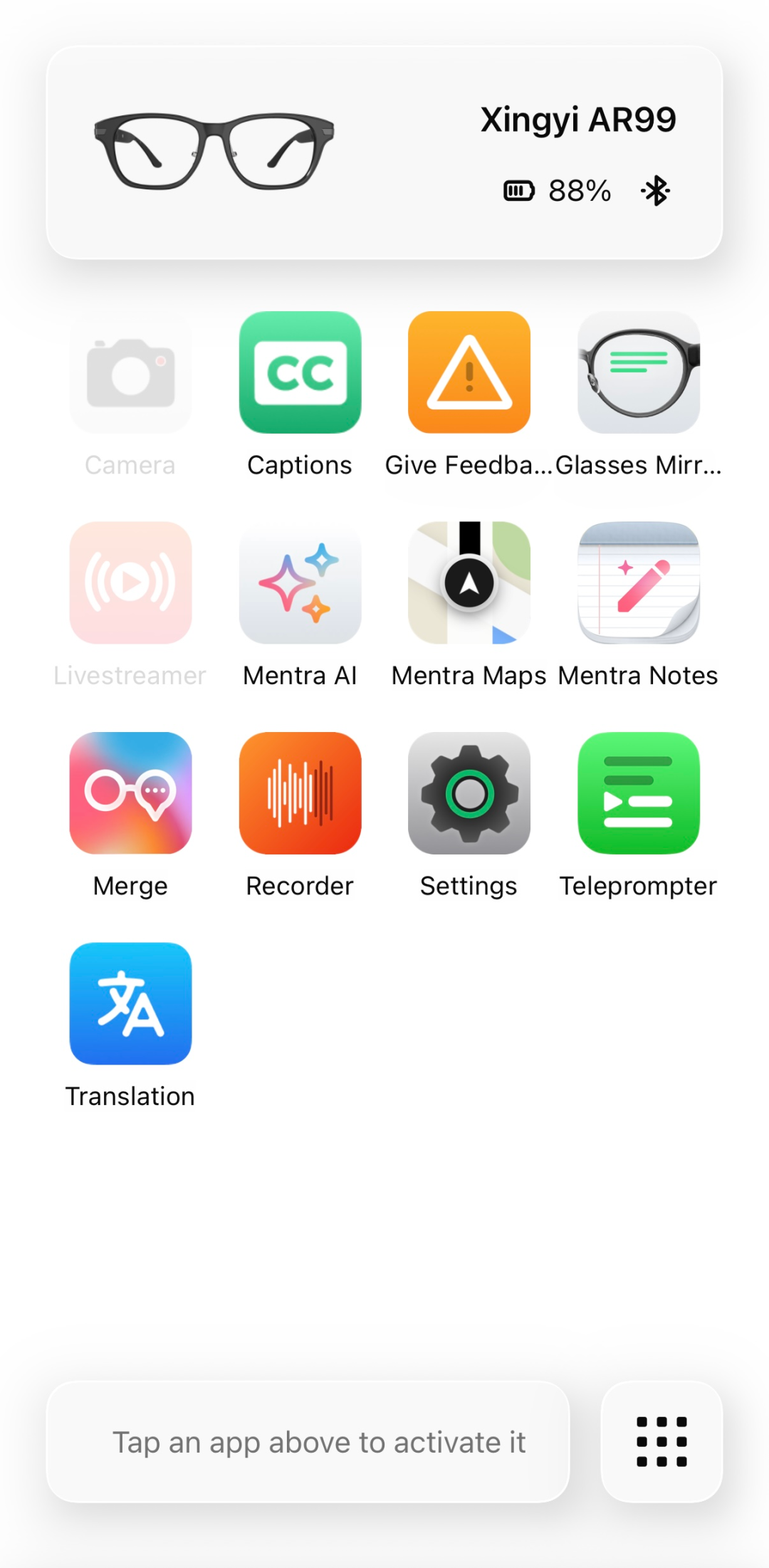 Connected Xingyi AR99 in Mentra OS with app menu and greyed-out Camera and Livestreamer entries