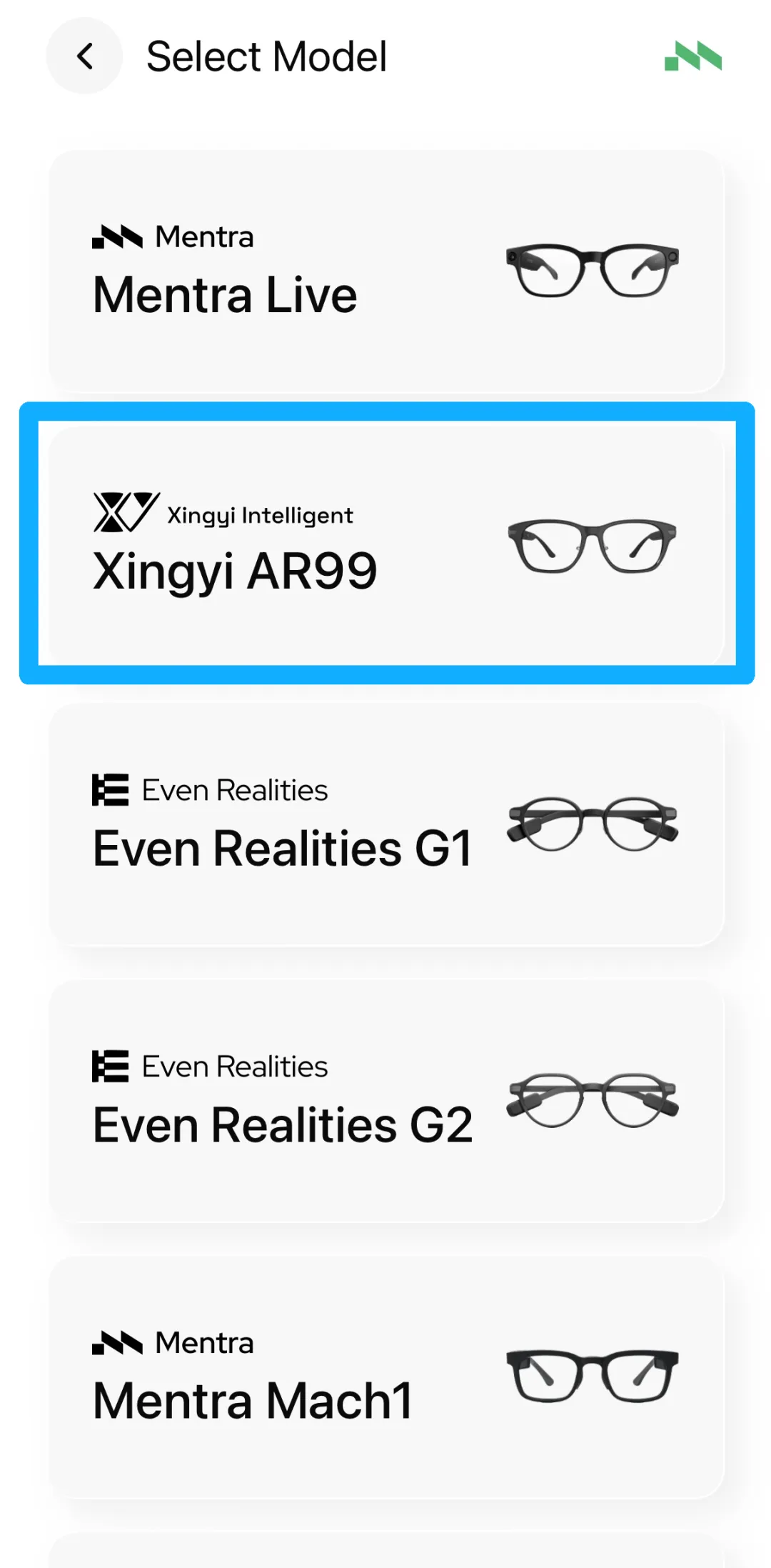 Mentra OS model selection with Xingyi AR99 highlighted