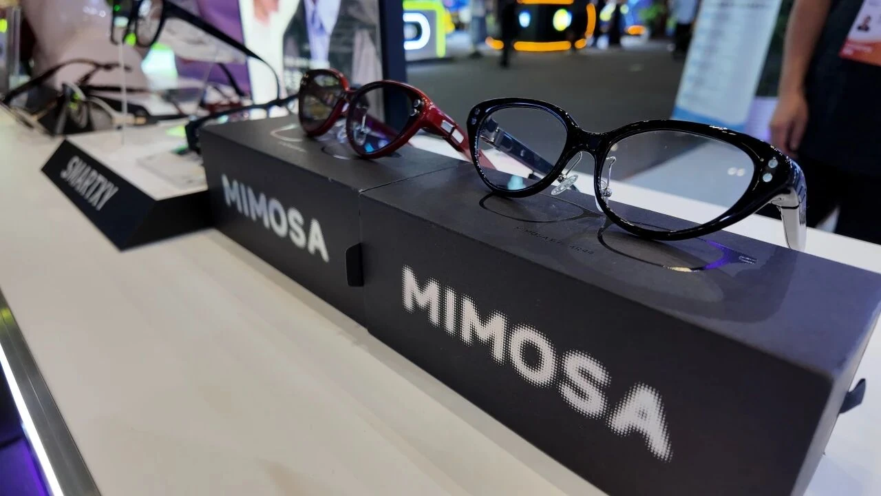 Black and red Mimosa AR99 MY cat-eye glasses with tinted lenses on a product display