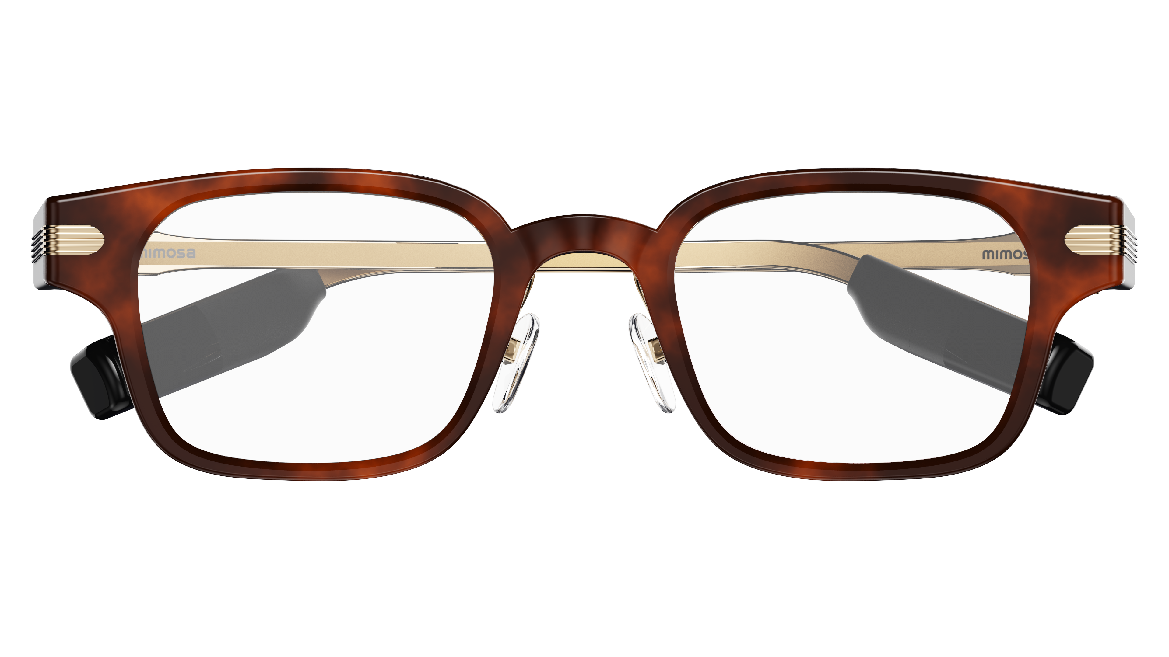 Front view of the AR99 Pro tortoiseshell frame with gold temples and dual hot-swappable battery modules