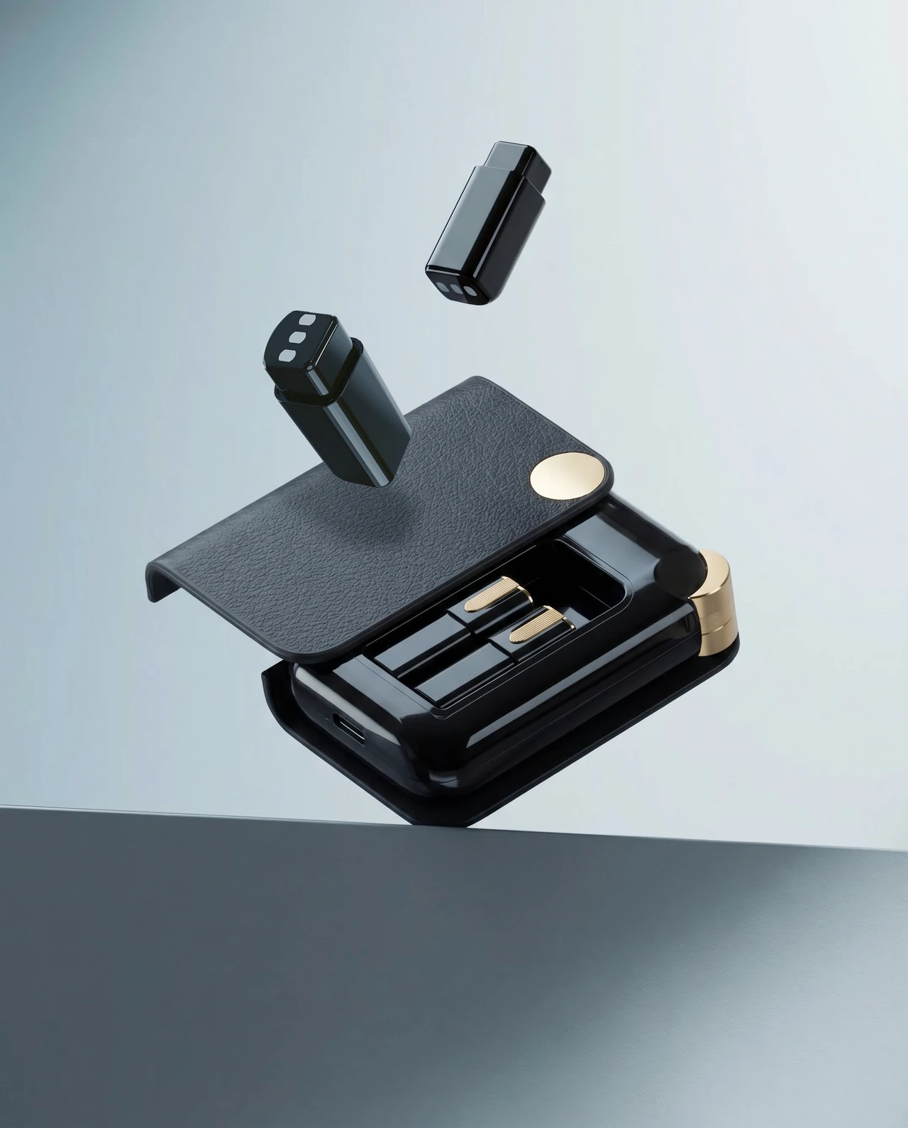 AR99 Pro black charging-case design with a gold clasp and two removable battery modules