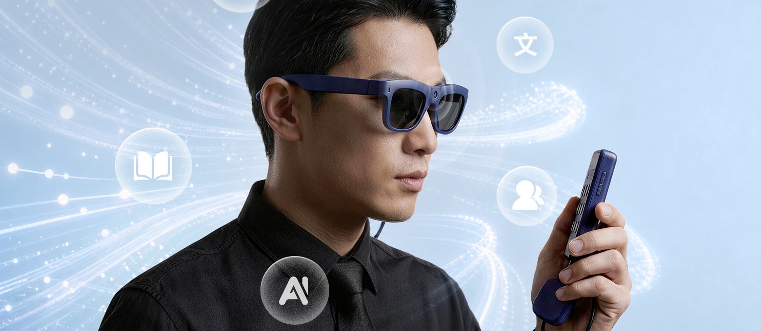 Supplied-sheet illustration of a person wearing the blue smart glasses and holding the handheld controller