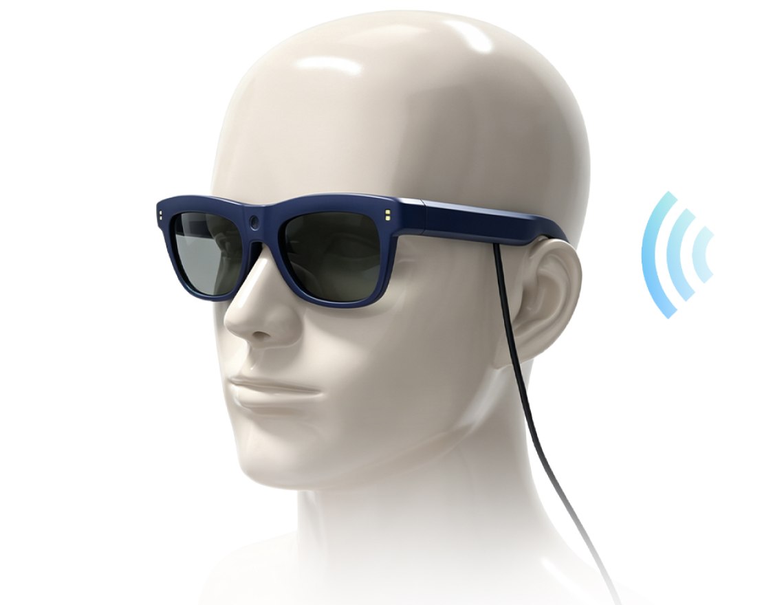 Blue Confidant assistive smart glasses shown on a mannequin