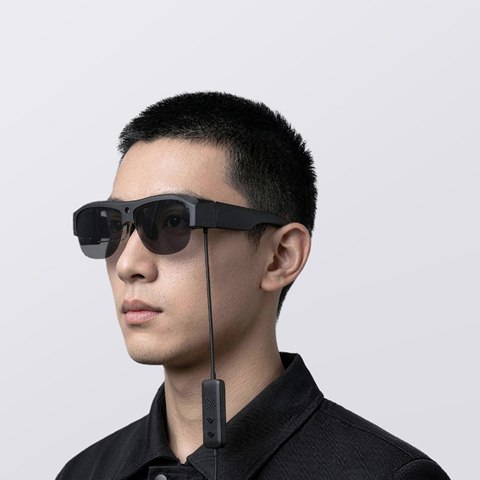 Illustrative wearer view of Falcon 007 Pro with the inline controller visible