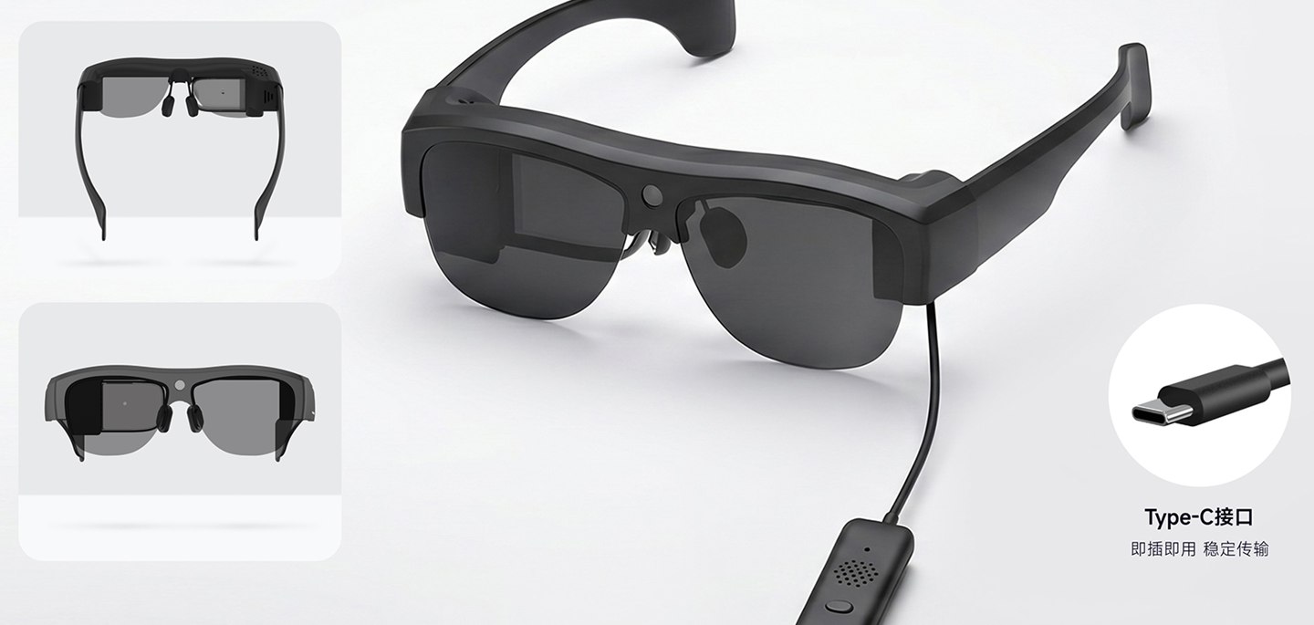 Falcon 007 Pro glasses, inline controller and Type-C connector shown from multiple angles