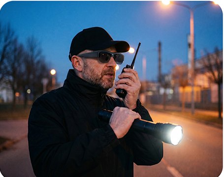 Illustrative night-search worker wearing smart glasses and carrying a flashlight