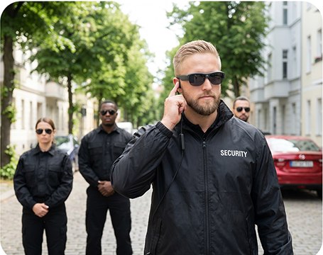 Illustrative public-venue operations team wearing smart glasses