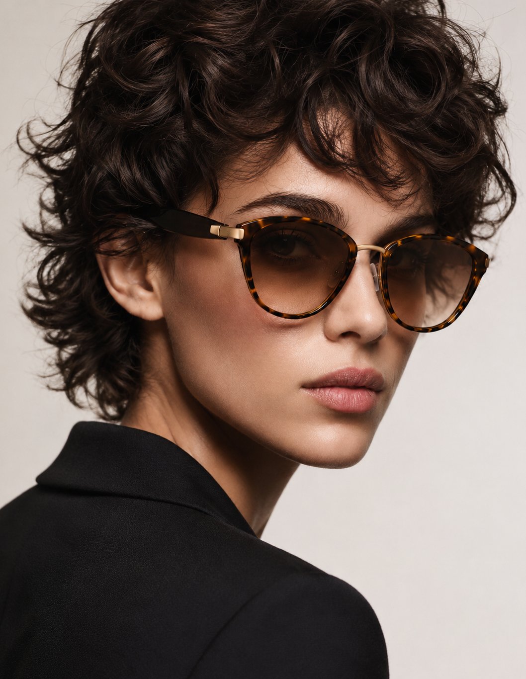 Model wearing Audio 01 tortoise gold AI audio eyewear