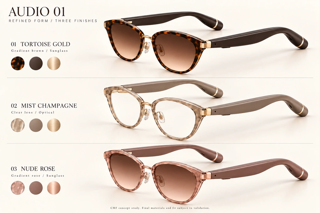 Three-finish comparison: Tortoise Gold sunglasses, Mist Champagne optical glasses and Nude Rose sunglasses