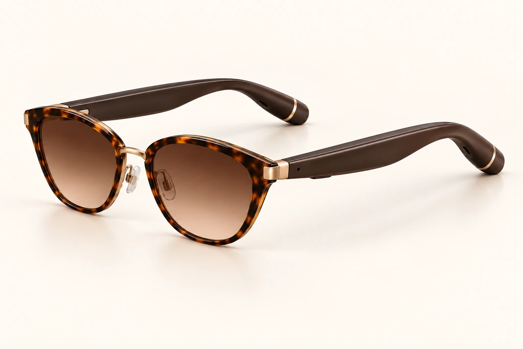 Refined Audio 01 tortoise-gold cat-eye audio glasses with smoother dark temples, compact gold hinges and matching rear tips