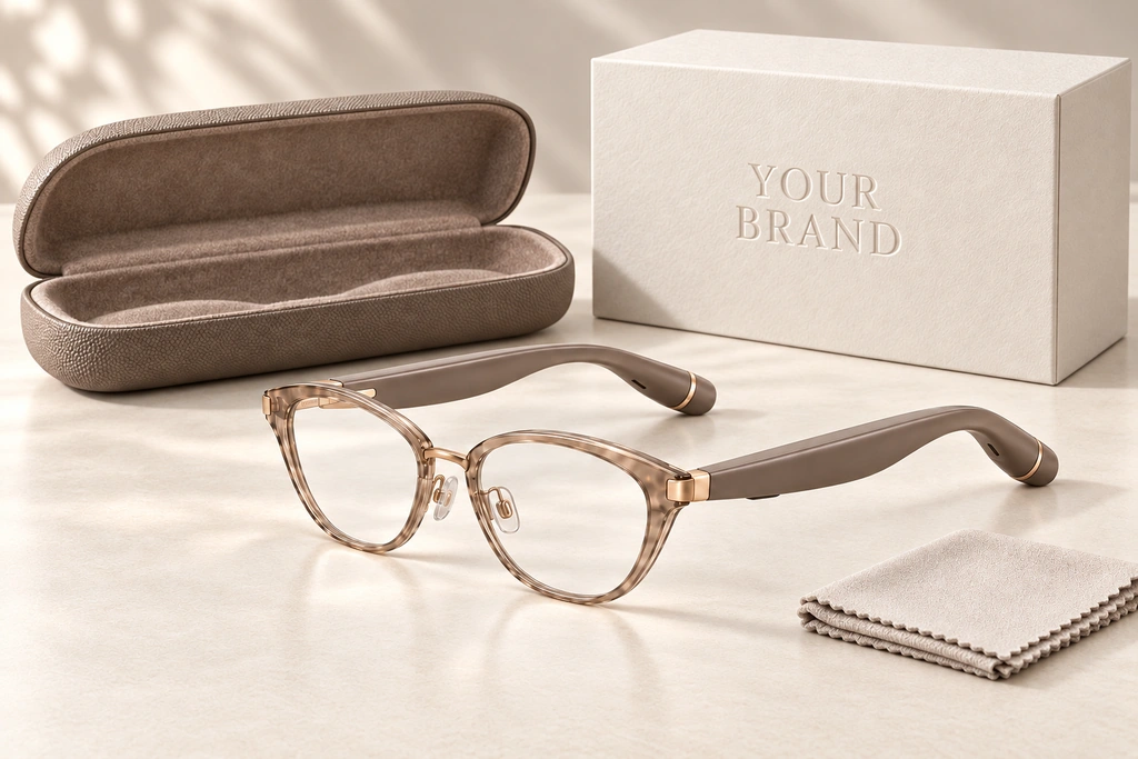 Illustrative customer-brand packaging concept with champagne audio glasses, a protective carry case, cloth and a box marked Your Brand